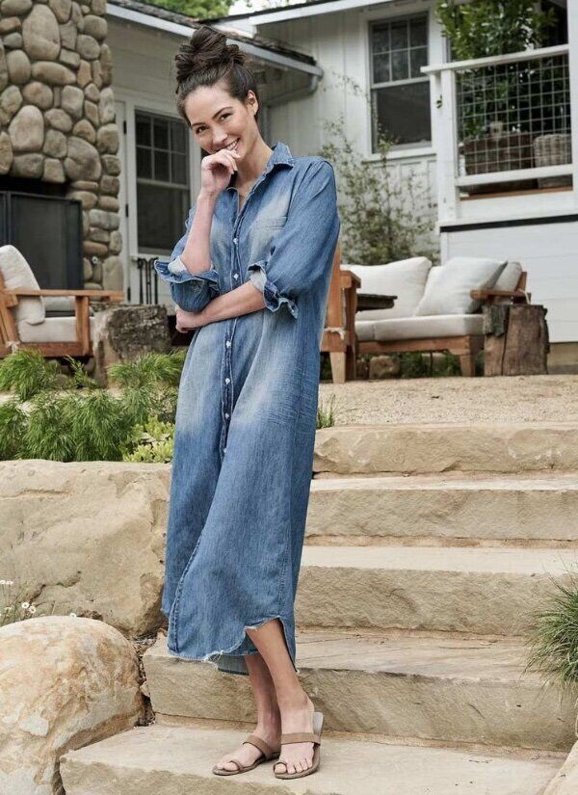 Frank & Eileen Sz Xxs Denim Distressed Rory Maxi Shirt Dress